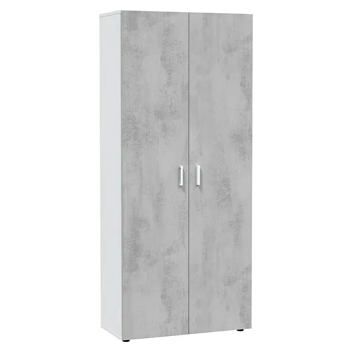Armario multiusos de madera Tidy - L x An x Al: 37 x 80 x 182 cm, Blanco Artik/Cemento - Armario de dos puertas con acabado gris efecto cemento, laterales blancos y dos tiradores blancos.