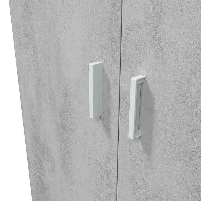 Armario multiusos de madera Tidy - L x An x Al: 37 x 80 x 182 cm, Blanco Artik/Cemento - Puertas de armario gris claro con tiradores rectangulares blancos.