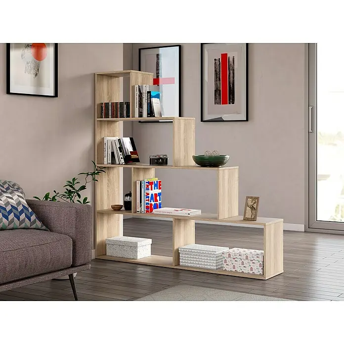 Estantería de madera Klum - L x An x Al: 29 mm x 145 cm x 145 cm, Roble Canadian - Estantería escalonada efecto madera clara, con libros y decoración en un salón. Diseño moderno en zigzag para almacenamiento.
