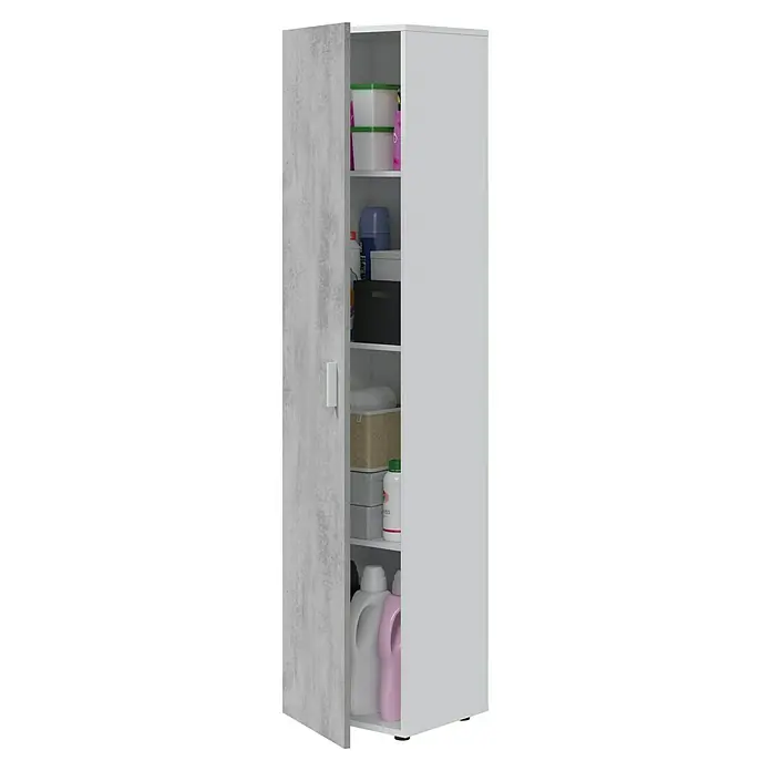 Armario multiusos de madera Tidy - L x An x Al: 37 x 41 x 182 cm, Blanco Artik/Cemento - Armario alto blanco con puerta efecto hormigón, abierto mostrando estantes con diversos objetos.