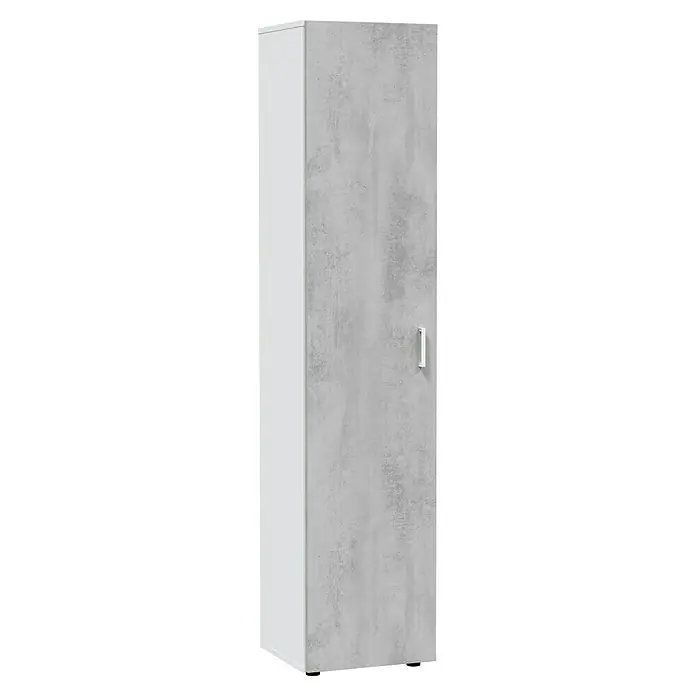 Armario multiusos de madera Tidy - L x An x Al: 37 x 41 x 182 cm, Blanco Artik/Cemento - Armario alto blanco con puerta de aspecto hormigón gris claro y tirador blanco.