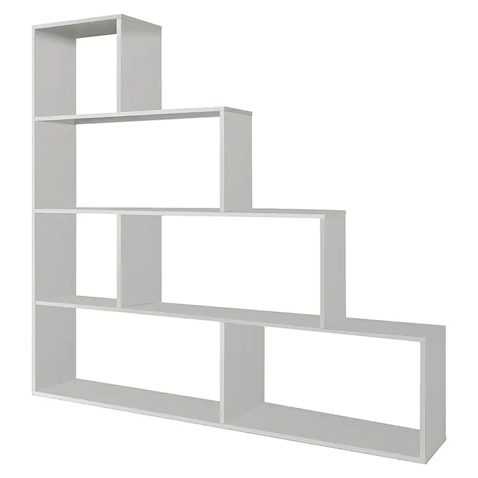 Estantería de madera Klum - L x An x Al: 29 mm x 145 cm x 145 cm, Blanco Brillo - Estantería modular blanca escalonada con compartimentos, ideal para almacenamiento o como separador de ambientes.