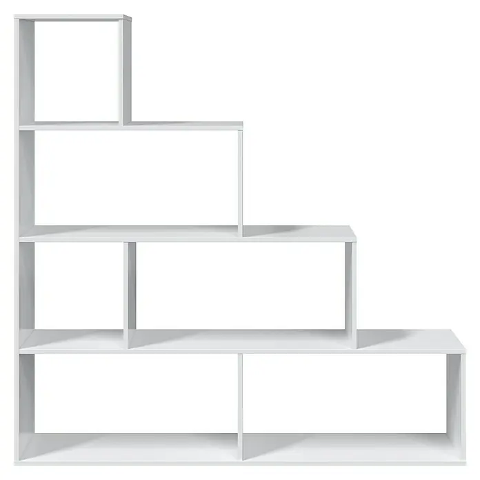 Estantería de madera Klum - L x An x Al: 29 mm x 145 cm x 145 cm, Blanco Brillo - Estantería modular blanca escalonada con múltiples compartimentos abiertos.