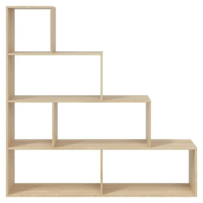 Estantería de madera Klum - L x An x Al: 29 mm x 145 cm x 145 cm, Roble Canadian - Estantería en forma de escalera de madera clara con varios compartimentos abiertos.