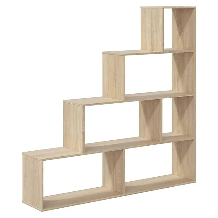 Estantería de madera Klum - L x An x Al: 29 mm x 145 cm x 145 cm, Roble Canadian - Estantería en forma de escalera de madera clara con múltiples compartimentos abiertos para almacenar o exhibir.