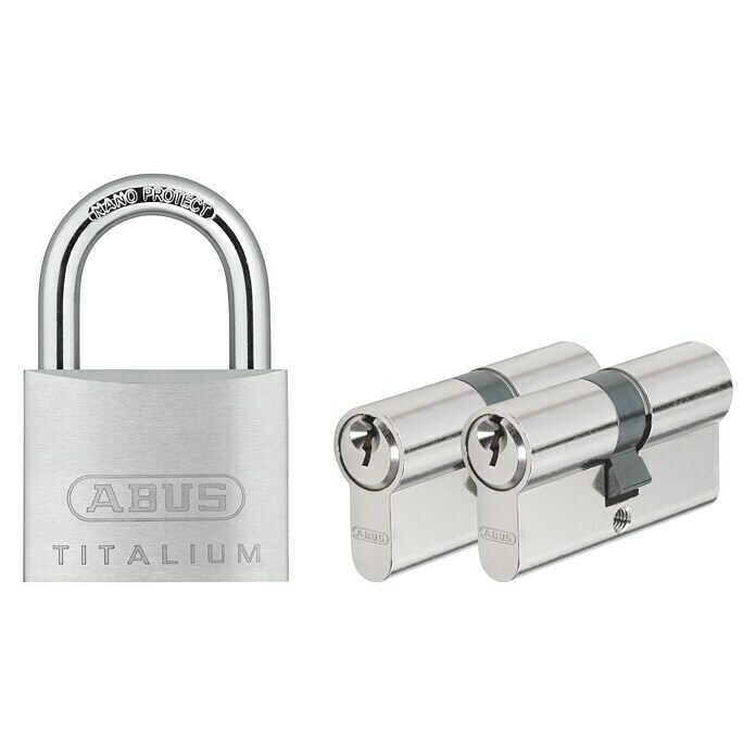 Abus Profilzylinder-Set2 x Profilzylinder 30/30 mm, 2 x Schlüssel, 1 x Vorhängeschloss, 2 x Profilzylinderschraube, Baulänge innen: 30 mm, Baulänge außen: 30 mm, Anzahl Schlüssel: 6 Stk. Front View