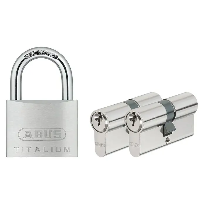 Abus Profilzylinder - 2 x Profilzylinder 30/30 mm, 2 x Schlüssel, 1 x Vorhängeschloss, 2 x Profilzylinderschraube, Baulänge innen: 30 mm, Baulänge außen: 30 mm, Anzahl Schlüssel: 6 Stk. - ABUS TITALIUM Vorhängeschloss und Doppelzylinder in Silber, hochwertige Sicherheitsprodukte für zuverlässigen Schutz.