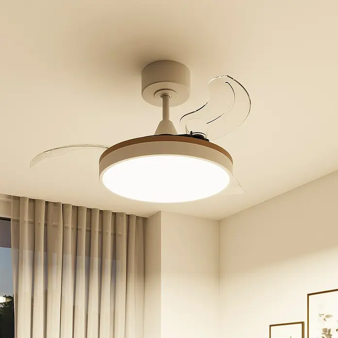 Arte confort Ventilador de techo Ginebra - Blanco, 91 cm, 28 W, Blanco cálido - Ventilador de techo blanco con aspas retráctiles transparentes, anillo de madera y luz LED brillante integrada.