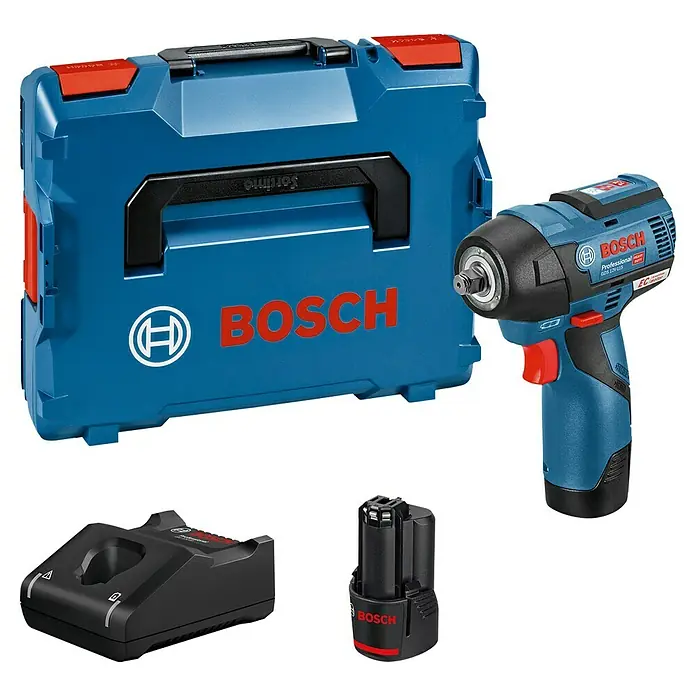 Bosch Professional Akku-Drehschlagschrauber - 12 V, 2 Akkus, 3 Ah, 115 Nm - Bosch Professional Schlagschrauber-Set mit blauer L-BOXX, blau-schwarzem Schlagschrauber, schwarzem Ladegerät und schwarzem Akku.