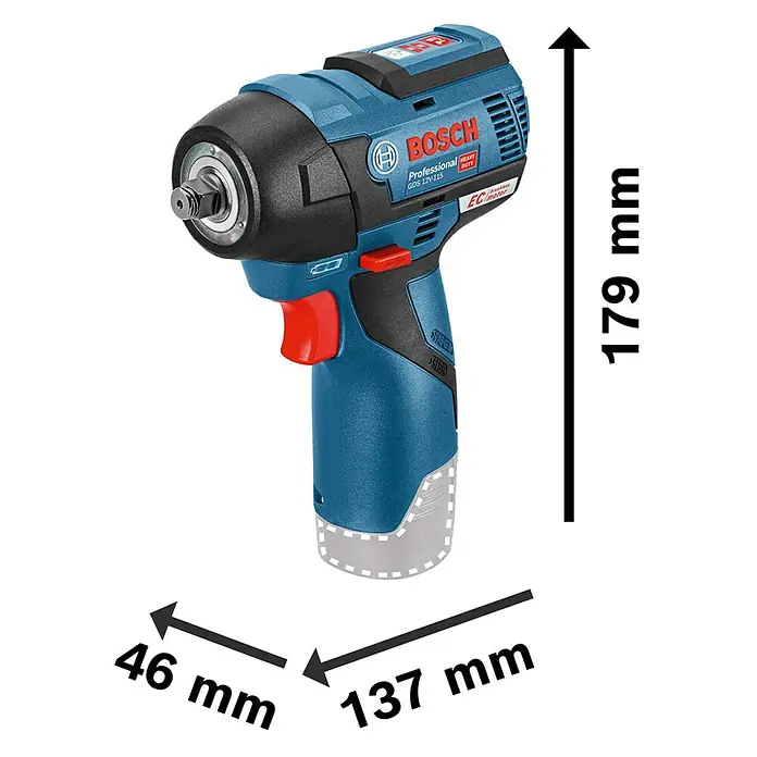 Bosch Professional Akku-Drehschlagschrauber - 12 V, Ohne Akku, 115 Nm - Blauer und schwarzer Bosch GDS 12V-115 Akku-Schlagschrauber mit roten Akzenten, Maße 179x137x46mm.