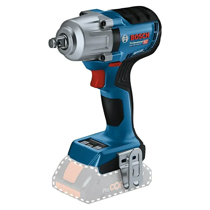 Bosch Professional AMPShare 18V Akku-Drehschlagschrauber PRO GDS 18V-450 HC - 18 V, Ohne Akku, 450 Nm - Blauer und schwarzer Bosch Professional Akku-Schlagschrauber mit silbernem Kopf, rotem Abzug und Metallgürtelclip.