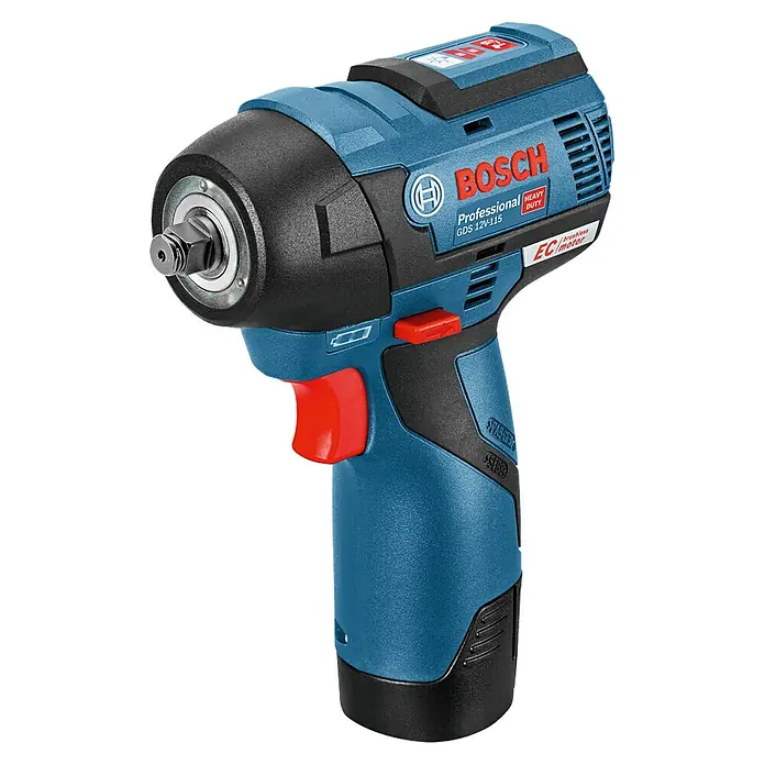 Bosch Professional Akku-Drehschlagschrauber - 12 V, 2 Akkus, 3 Ah, 115 Nm - Blauer und schwarzer Bosch GDS 12V-115 Professional Akku-Schlagschrauber mit Sechskantantrieb.