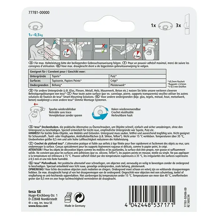 Tesa Deckenhaken - Belastbarkeit: 500 g, Weiß - Tesa Deckenhaken-Verpackung. Wiederverwendbare Deckenhaken als praktische Alternative zu Ösenschrauben für leichte Deko-Objekte.