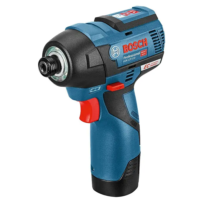 Bosch Professional AMPShare 18V Akku-Drehschlagschrauber PRO GDR 12V-110 - 12 V, 2 Akkus - Blauer und schwarzer Bosch Akku-Schlagschrauber mit rotem Abzug und Schaltern.