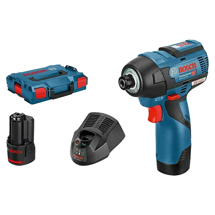 Bosch Professional AMPShare 18V Akku-Drehschlagschrauber PRO GDR 12V-110 - 12 V, 2 Akkus - Bosch Akku-Schlagschrauber-Set mit blau-schwarzem Schrauber, Akku, Ladegerät und Koffer.