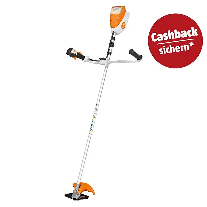 Stihl AK Akku-Motorsense FSA 80 GR. GSB 230-2 - 36 V, Ohne Akku, Schnittbreite Messer: 38 cm - Stihl Akku-Motorsense mit orangefarbenem, weißem und schwarzem Gehäuse, silbernem Schaft, Zweihandgriff und Schneidkopf. Display an der oberen Einheit.
