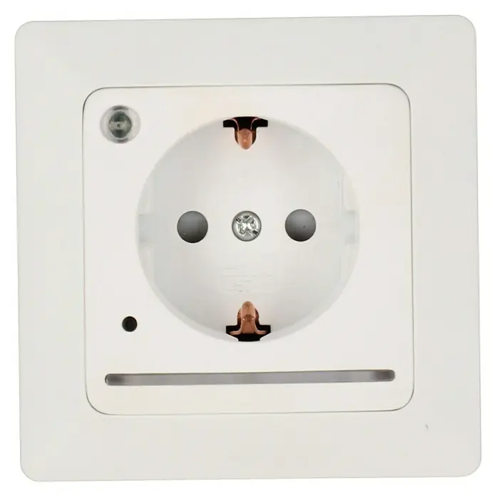 Voltomat Steckdose Vega mit LED - Ultraweiß, Kunststoff, Unterputzmontage - Weiße Schuko-Steckdose mit zwei runden Löchern, Erdungsklammer und Kontrollleuchte.