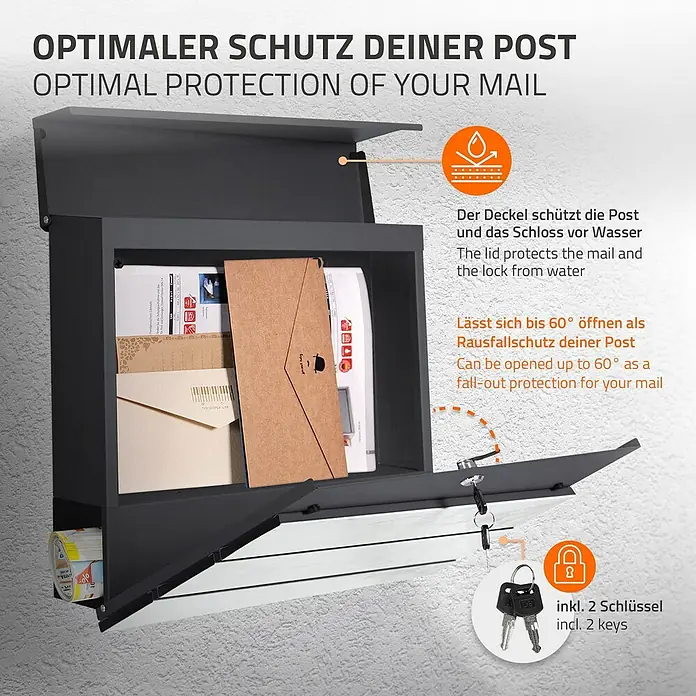 ML-Design Standbriefkasten Briefkasten Postkasten mit Zeitungsfach, inkl. Standfuß - L x B x H: 37 x 26 x 170 cm, Anthrazit, Weiß, Edelstahl, Zeitungsfach