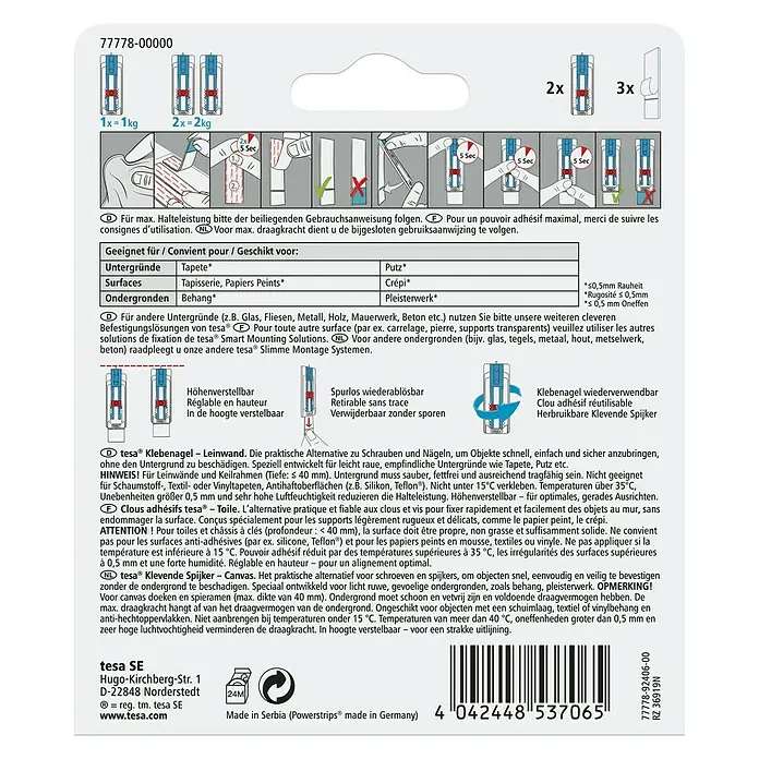 Tesa Klebenagel - Geeignet für: Leinwände, Belastbarkeit: 1 kg, 2 Stk., Blau - Tesa Klebenägel für Leinwände: Praktische Alternative zu Schrauben und Nägeln, wiederverwendbar und höhenverstellbar für optimale Ausrichtung.
