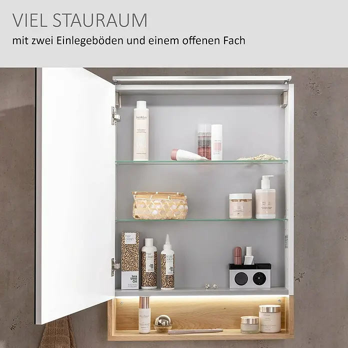 Camargue Nature LED-Spiegelschrank - B x H: 60 x 82,2 cm, Mit Beleuchtung, DIN Anschlag: Links - Weißer Badschrank mit geöffneter Tür, zwei Glasböden und einem offenen Holzfach für viel Stauraum.
