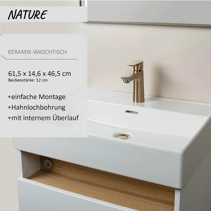 Camargue Nature Einbauwaschbecken - 1 Hahnloch, 61,5 x 46,5 cm, Weiß - Weißes Keramik-Waschbecken mit goldfarbenem Wasserhahn und Abfluss, in einem Waschtischunterschrank mit Holzschublade.