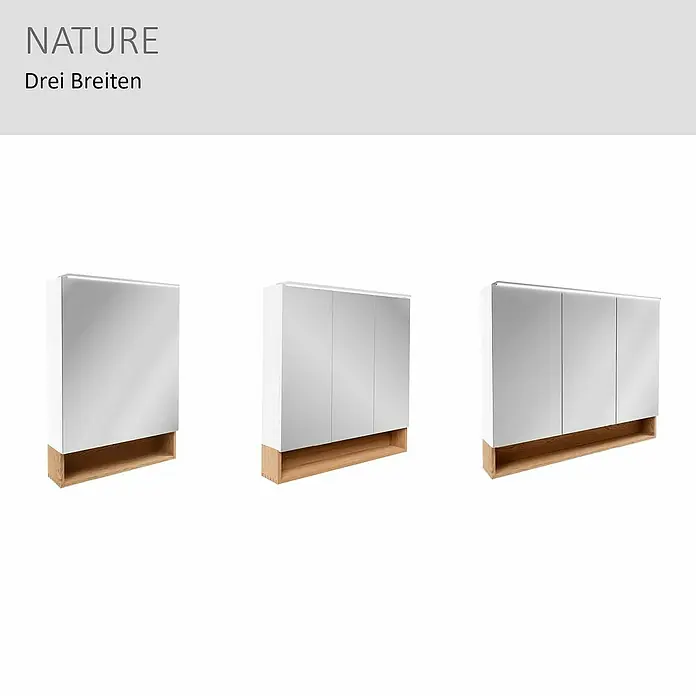 Camargue Nature LED-Spiegelschrank - B x H: 100 x 82,2 cm, Mit Beleuchtung - Verspiegelte Badschränke mit Holzsockel und integrierter Beleuchtung, in drei Breiten dargestellt.