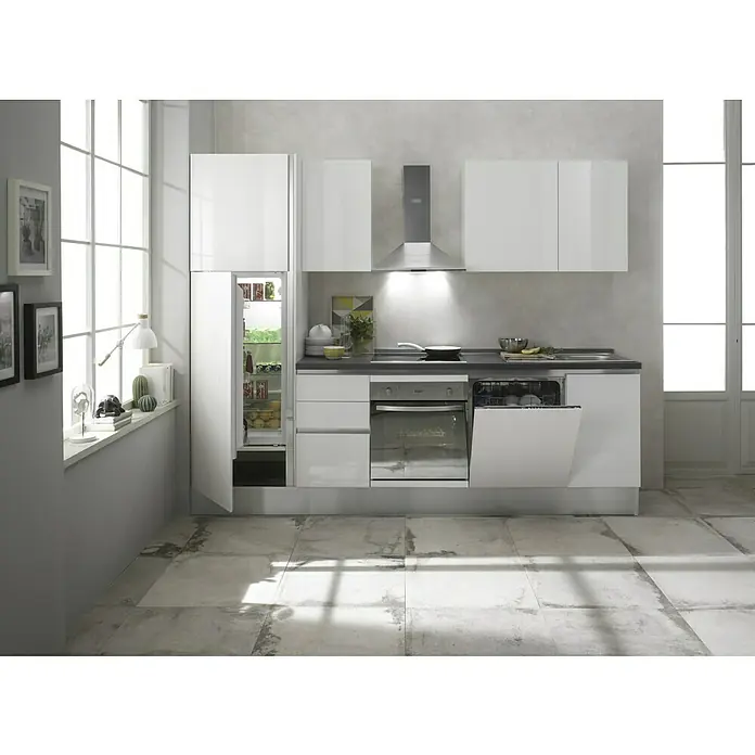Marinelli Cucine Vormontierte Küchenzeile GiuliaBreite: 275 cm, Weiß, Mit Elektrogeräten, Dekor Arbeitsplatte: Marmoroptik, Spüle rechts - Helle Küche mit weißen Schränken, integriertem Kühlschrank und Geschirrspüler. Die moderne Küchenzeile bietet viel Stauraum und Komfort.