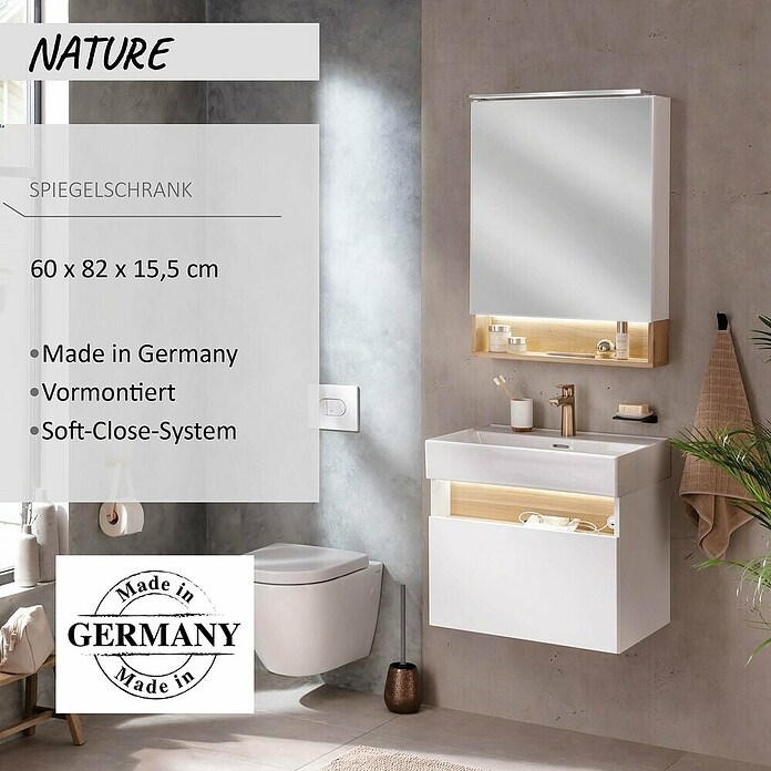 Camargue Nature LED-Spiegelschrank (B x H: 60 x 82,2 cm, Mit Beleuchtung, DIN Anschlag: Links) | BAUHAUS