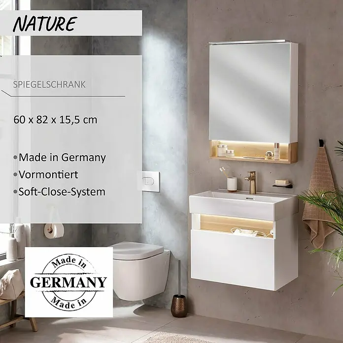 Camargue Nature LED-Spiegelschrank - B x H: 60 x 82,2 cm, Mit Beleuchtung, DIN Anschlag: Links - Weißer Spiegelschrank (60x82x15,5 cm) mit Beleuchtung, Holzablage, Soft-Close, vormontiert, für Badezimmer.