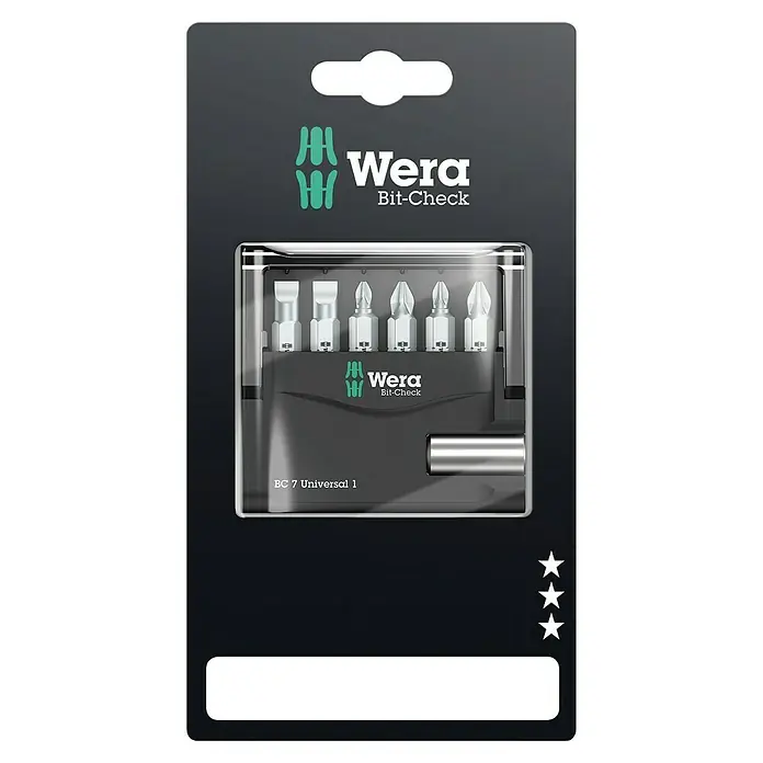 Wera Classic Bit-Set Bit-Check 7 Universal 1 SB - 7 -tlg. - Wera Bit-Check Set mit 7 Teilen, darunter Schraubendreher-Bits und ein Bithalter, in einem dunkelgrauen Kunststoffgehäuse mit Klarsichtdeckel.