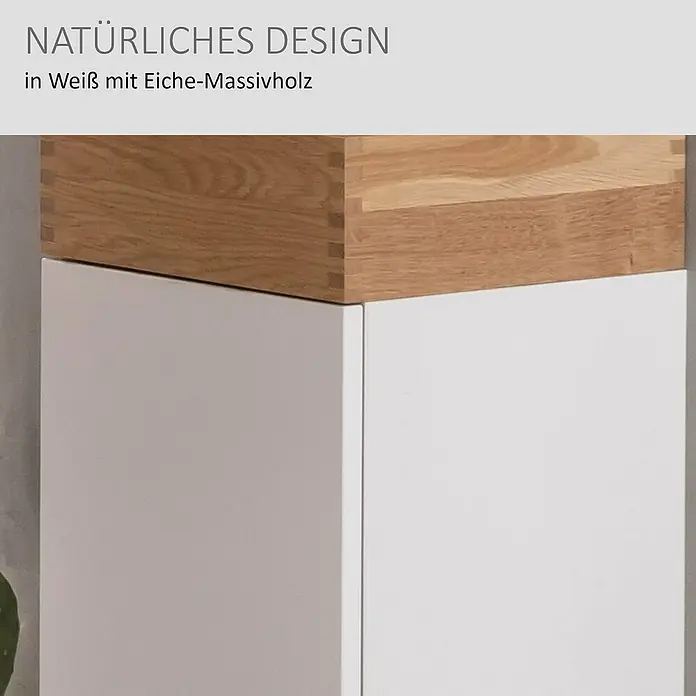 Camargue Nature Midischrank - 30 x 31,8 x 92 cm, Weiß/Eiche, DIN Anschlag: Rechts - Weißer Schrank mit massiver Eichenholzplatte.