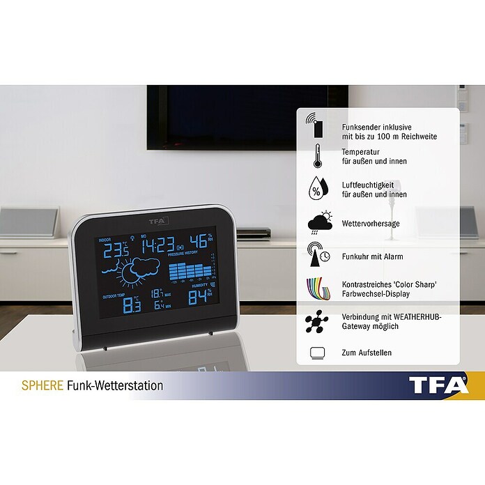 TFA Dostmann Funkwetterstation Sphere (L x B x H: 14,8 x 5,3 x 11,7 cm, Kunststoff, Schwarz) | BAUHAUS