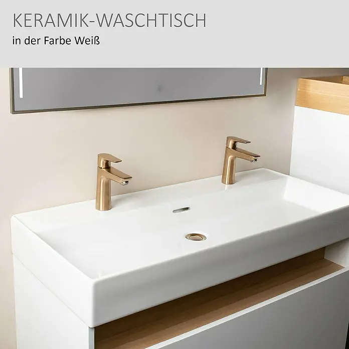 Camargue Nature Einbauwaschbecken - 2 Hahnlöcher, 100 x 46,5 cm, Weiß - Weißer Keramik-Waschtisch mit zwei gebürsteten goldfarbenen Armaturen.