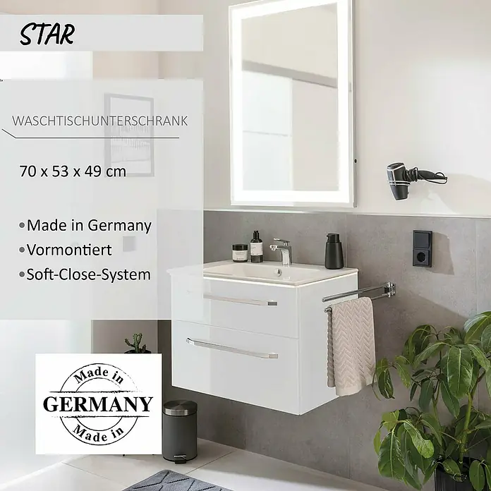 Camargue Star Waschtischunterschrank - 70 x 49 x 53 cm, Weiß, Mit Beleuchtung - Weißer wandmontierter Waschtischunterschrank mit Waschbecken und zwei Schubladen, 70x53x49 cm, mit Soft-Close-System, in einem modernen Bad.