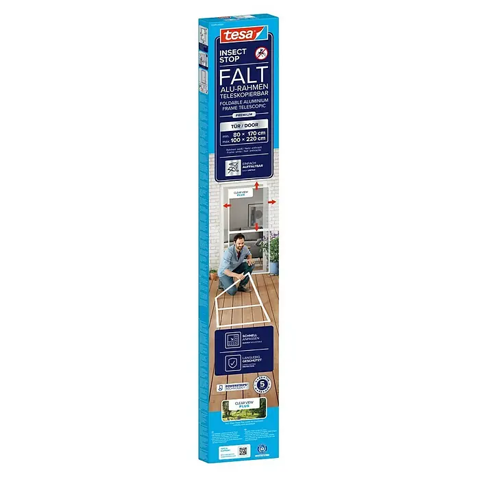 Tesa Insect Stop Puerta con protección contra insectos Falt - Blanco, Montaje de la mosquitera: Pinzas - Mosquitera de puerta telescópica plegable Tesa Insect Stop FALT (marco blanco, malla antracita) para puertas 80-100x170-220cm, en embalaje y en montaje.