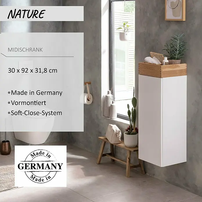 Camargue Nature Midischrank - 30 x 31,8 x 92 cm, Weiß/Eiche, DIN Anschlag: Links - Weißer wandmontierter Midischrank mit Holzplatte, 30x92x31,8 cm, mit Soft-Close-System.