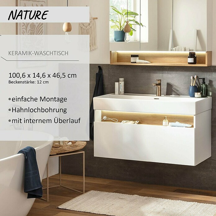 Camargue Nature Einbauwaschbecken (1 Hahnloch, 100 x 46,5 cm, Weiß) | BAUHAUS