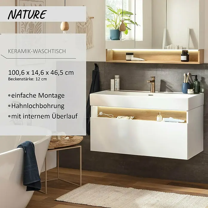 Camargue Nature Einbauwaschbecken - 1 Hahnloch, 100 x 46,5 cm, Weiß - Weißes Keramik-Waschbecken mit integriertem Waschtisch und Holzablage in modernem Badezimmer.