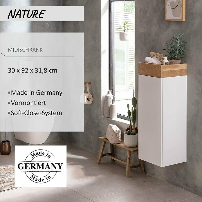Camargue Nature Midischrank (30 x 31,8 x 92 cm, Weiß/Eiche, DIN Anschlag: Rechts) | BAUHAUS