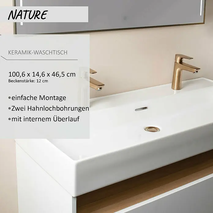 Camargue Nature Einbauwaschbecken - 2 Hahnlöcher, 100 x 46,5 cm, Weiß - Breiter weißer Keramik-Waschtisch mit einer goldfarbenen Armatur in einem modernen Badezimmer.
