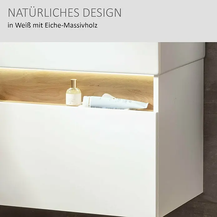 Camargue Nature Waschtischunterschrank - 100 x 45 x 46 cm, Weiß/Eiche - Weißer Badschrank mit beleuchteter offener Ablage aus Eiche-Massivholz, bestückt mit Kosmetik.