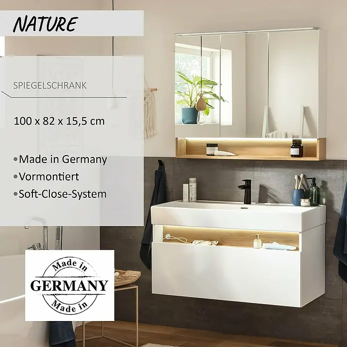 Camargue Nature LED-Spiegelschrank - B x H: 100 x 82,2 cm, Mit Beleuchtung - Weißer Badunterschrank mit integriertem Waschbecken, Holzablage mit Beleuchtung und Spiegelschrank. Made in Germany, 100x82x15,5cm, vormontiert, Soft-Close.