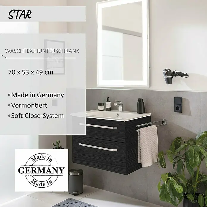 Camargue Star Waschtischunterschrank - 70 x 49 x 53 cm, Dark Oak, Mit Beleuchtung - Dunkler Waschbeckenunterschrank (70x53x49 cm) mit zwei Soft-Close-Schubladen und weißem Keramikwaschbecken. Vormontiert.