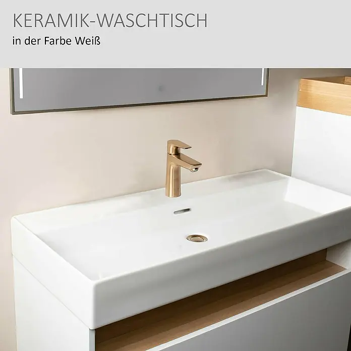 Camargue Nature Einbauwaschbecken - 1 Hahnloch, 100 x 46,5 cm, Weiß - Weißer Keramik-Waschtisch mit goldener Armatur, in einem weißen Unterschrank mit Holzdetails.