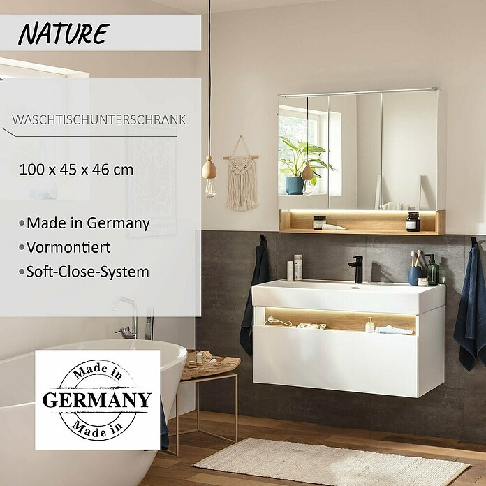 Camargue Nature Waschtischunterschrank (100 x 45 x 46 cm, Weiß/Eiche) | BAUHAUS
