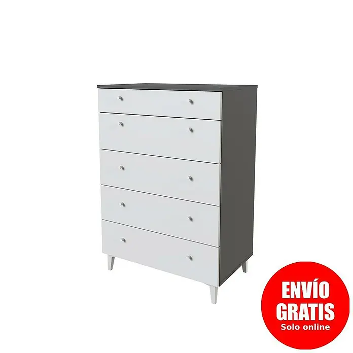 Meka Block Cómoda París - L x An x Al: 48 x 80,2 x 114,6 cm, Gris París/Blanco Liso, Número de cajones: 5 ud. - Cómoda blanca de cinco cajones con tapa gris oscuro y patas blancas.