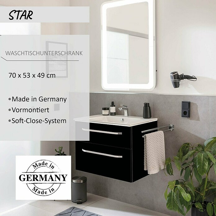 Camargue Star Waschtischunterschrank (70 x 49 x 53 cm, Schwarz, Mit Beleuchtung) | BAUHAUS