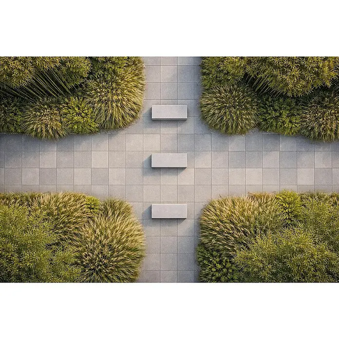 Terrassenfliese Portland - 60 x 60 x 2 cm, Londra, Matt - Drei graue, rechteckige Bänke auf einem Fliesenweg, umgeben von üppigen grünen Gartenpflanzen.