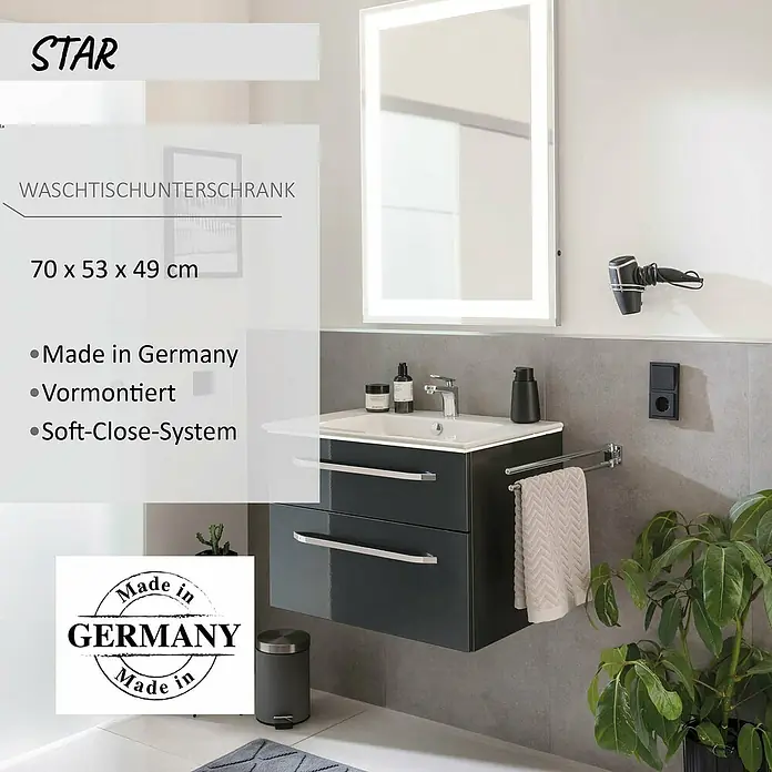 Camargue Star Waschtischunterschrank - 70 x 49 x 53 cm, Grafit, Mit Beleuchtung - Dunkelgrauer, vormontierter Waschtischunterschrank mit weißem Waschbecken, Chromgriffen und Soft-Close-Schubladen, hergestellt in Deutschland.