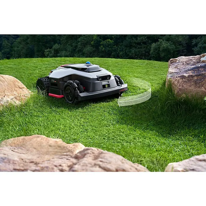 Dreame Mähroboter A3 AWD Pro 3500 - 3.500 m², Schnittbreite: 40 cm, Laser-gestützte Navigation, LiDAR - Ein grau-schwarzer Mähroboter mit roten Akzenten, blauem Licht und Carbon-Stoßstange navigiert auf einer Rasenfläche.